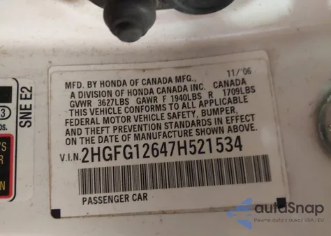 2007 Honda Civic Lx from USA, damaged, VIN 2HGFG12647H521534